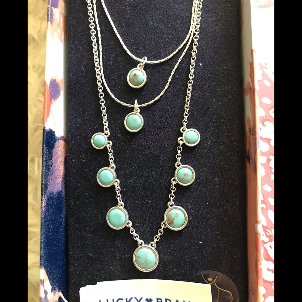 Lucky Brand Silver & Turquoise 3 Tier Strand Necklace